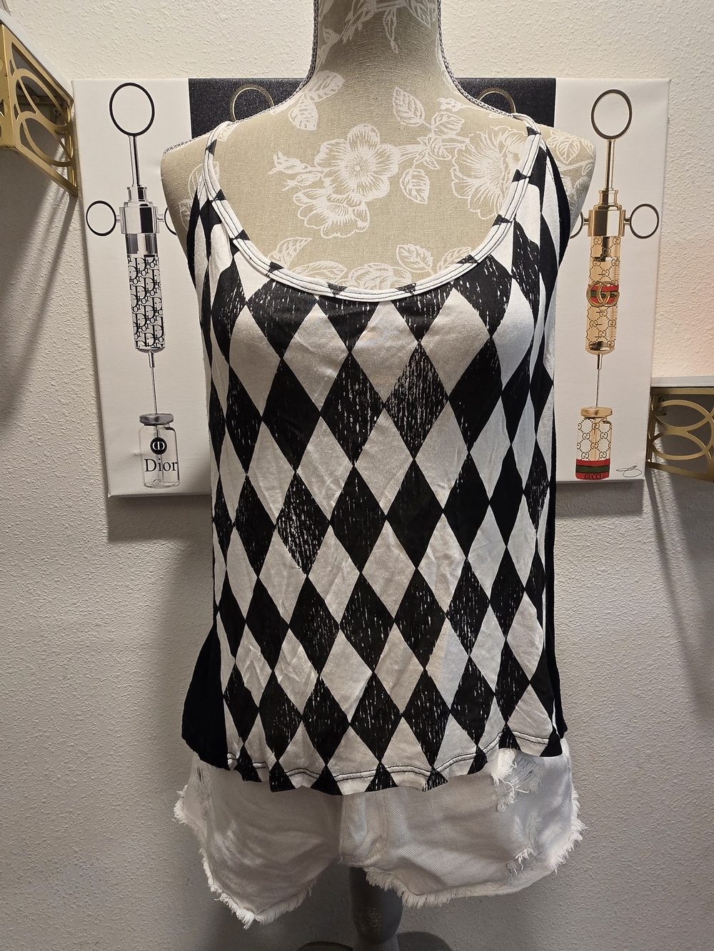 Michael Lauren Black & White Diamond-Print Tank